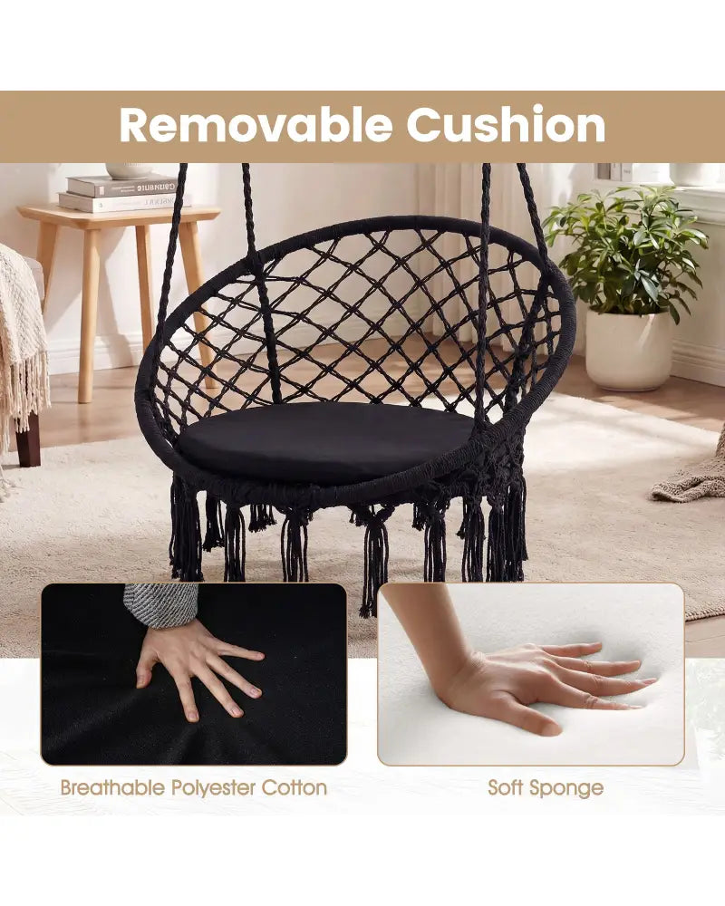 Macrame Swing Chair Hammock Chair with Round Seat Cushion-Black - Black - Hammocks