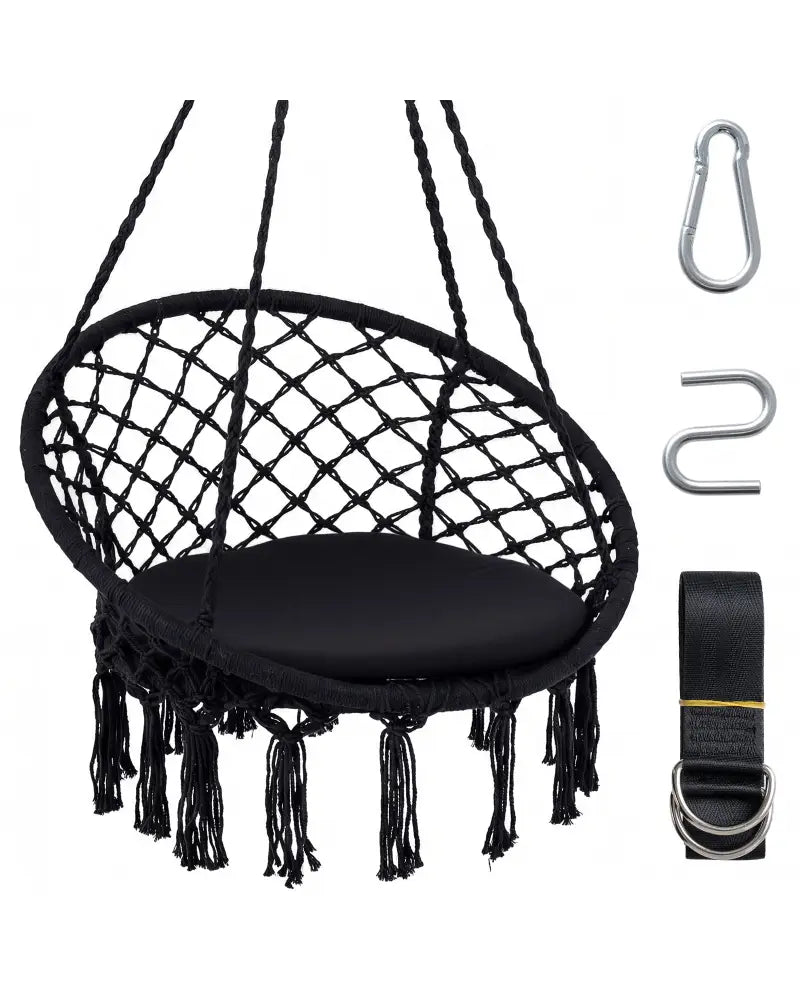 Macrame Swing Chair Hammock Chair with Round Seat Cushion-Black - Black - Hammocks