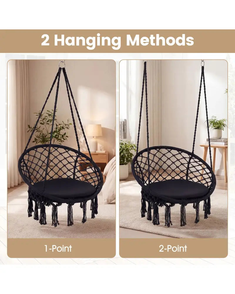 Macrame Swing Chair Hammock Chair with Round Seat Cushion-Black - Black - Hammocks