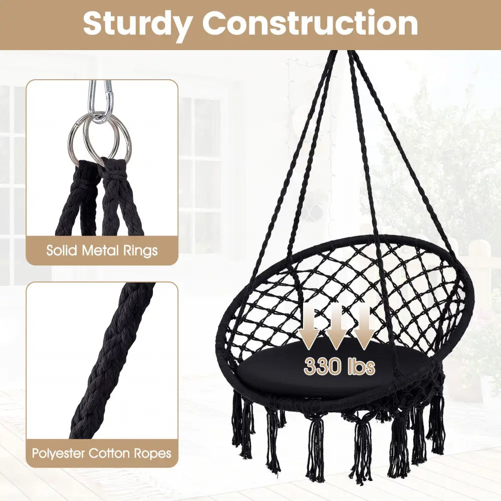Macrame Swing Chair Hammock Chair with Round Seat Cushion-Black - Black - Hammocks