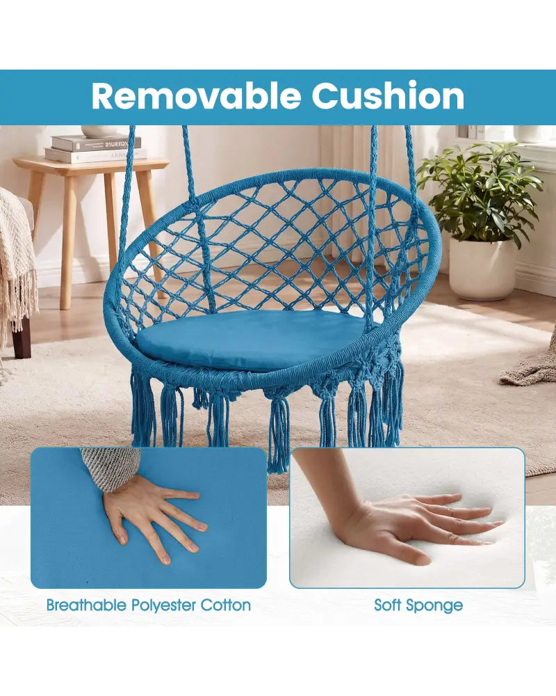 Macrame Swing Chair Hammock Chair with Round Seat Cushion-Blue - Blue - Hammocks