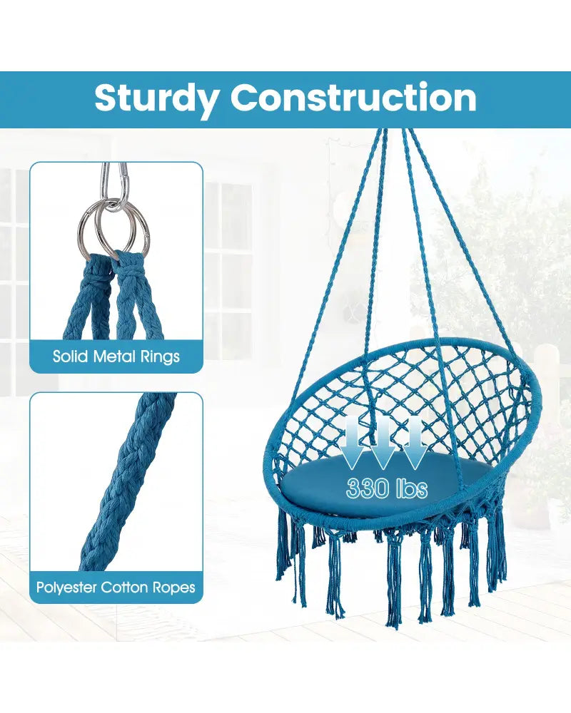 Macrame Swing Chair Hammock Chair with Round Seat Cushion-Blue - Blue - Hammocks