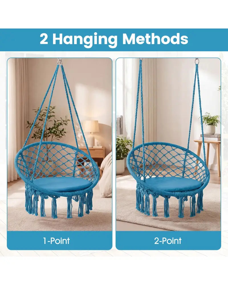 Macrame Swing Chair Hammock Chair with Round Seat Cushion-Blue - Blue - Hammocks