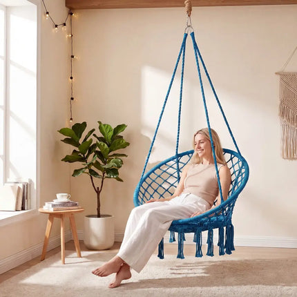 Macrame Swing Chair Hammock Chair with Round Seat Cushion-Blue - Blue - Hammocks