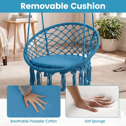 Macrame Swing Chair Hammock Chair with Round Seat Cushion-Blue - Blue - Hammocks