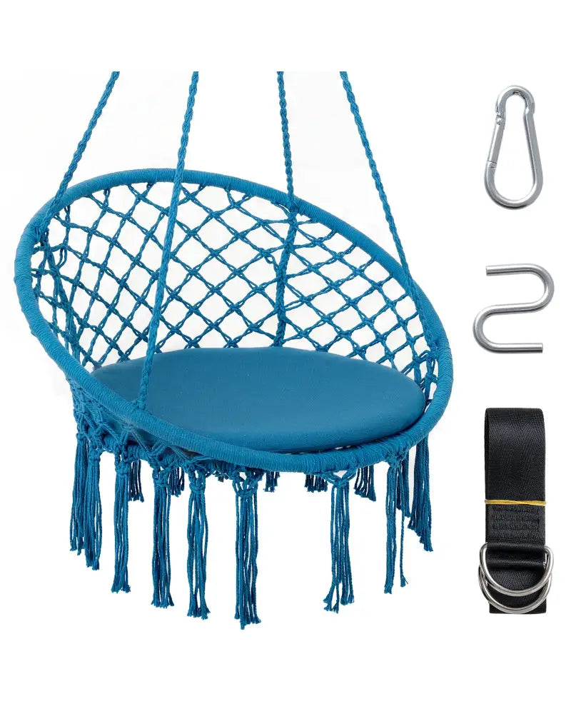Macrame Swing Chair Hammock Chair with Round Seat Cushion-Blue - Blue - Hammocks