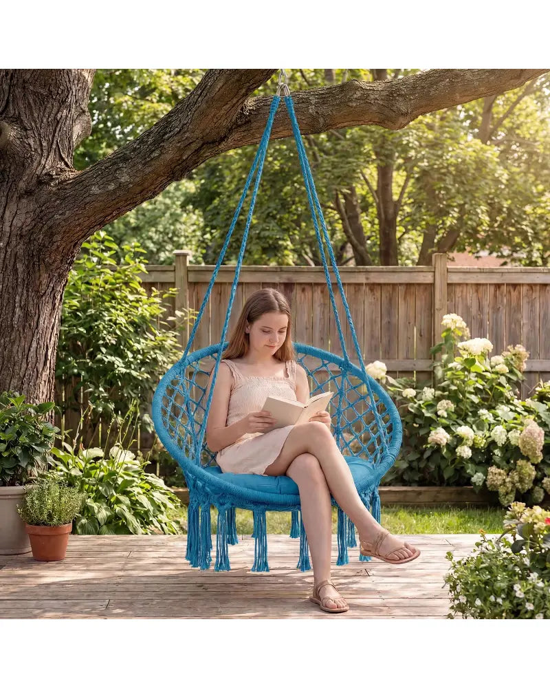 Macrame Swing Chair Hammock Chair with Round Seat Cushion-Blue - Blue - Hammocks