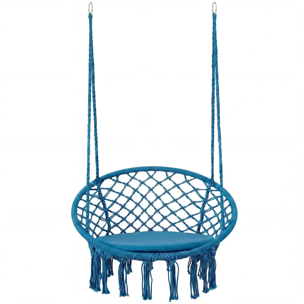 Macrame Swing Chair Hammock Chair with Round Seat Cushion-Blue - Blue - Hammocks