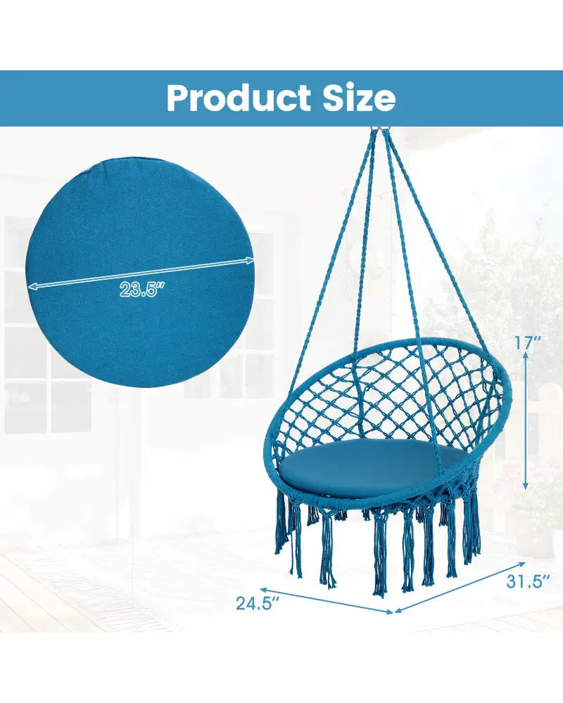 Macrame Swing Chair Hammock Chair with Round Seat Cushion-Blue - Blue - Hammocks