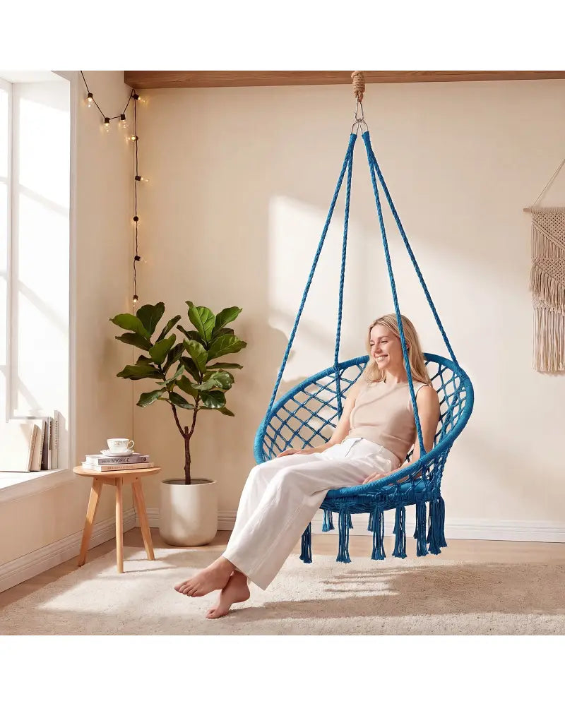 Macrame Swing Chair Hammock Chair with Round Seat Cushion-Blue - Blue - Hammocks
