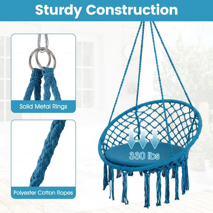Macrame Swing Chair Hammock Chair with Round Seat Cushion-Blue - Blue - Hammocks
