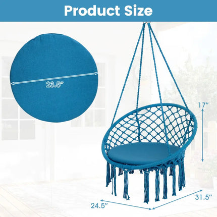 Macrame Swing Chair Hammock Chair with Round Seat Cushion-Blue - Blue - Hammocks
