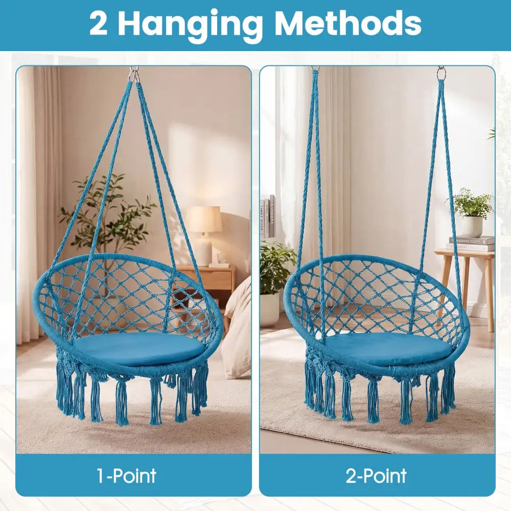 Macrame Swing Chair Hammock Chair with Round Seat Cushion-Blue - Blue - Hammocks