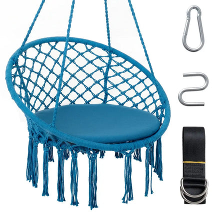 Macrame Swing Chair Hammock Chair with Round Seat Cushion-Blue - Blue - Hammocks