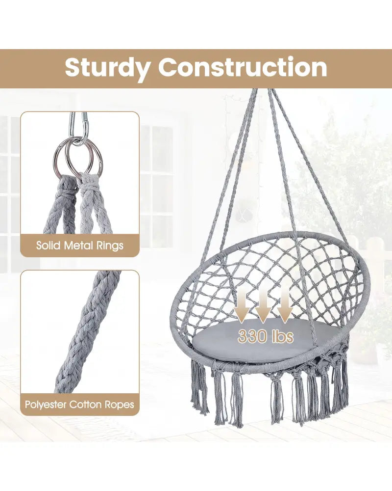 Macrame Swing Chair Hammock Chair with Round Seat Cushion-Grey - Gray - Hammocks