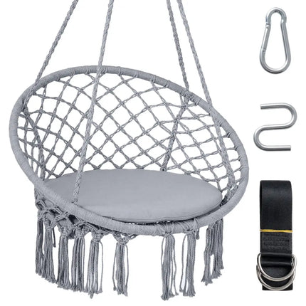 Macrame Swing Chair Hammock Chair with Round Seat Cushion-Grey - Gray - Hammocks