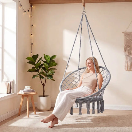 Macrame Swing Chair Hammock Chair with Round Seat Cushion-Grey - Gray - Hammocks