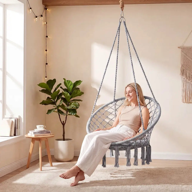 Macrame Swing Chair Hammock Chair with Round Seat Cushion-Grey - Gray - Hammocks
