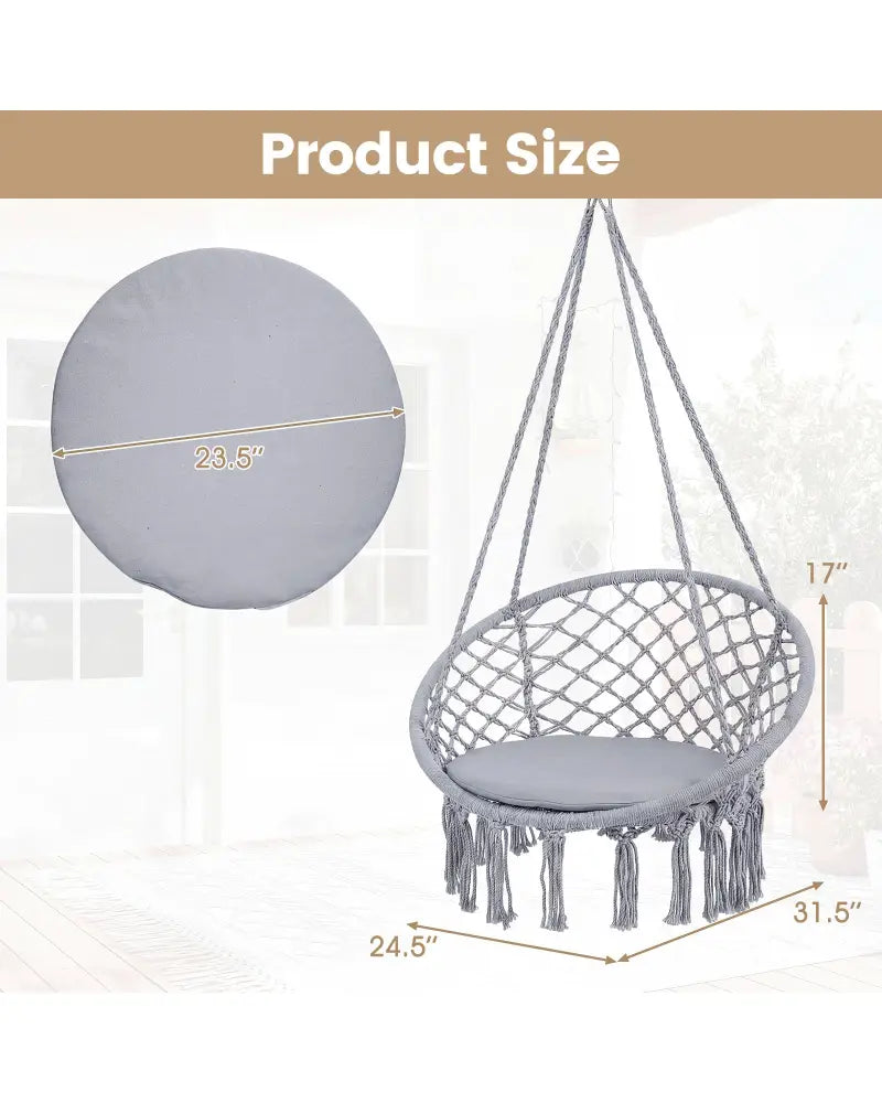 Macrame Swing Chair Hammock Chair with Round Seat Cushion-Grey - Gray - Hammocks