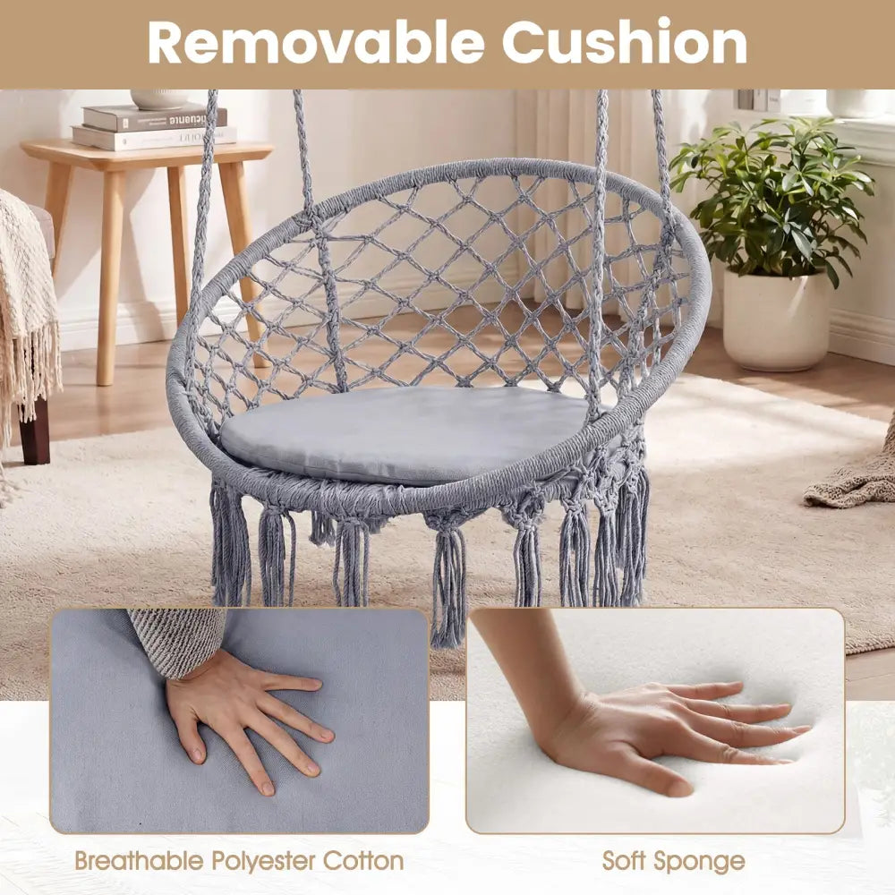 Macrame Swing Chair Hammock Chair with Round Seat Cushion-Grey - Gray - Hammocks