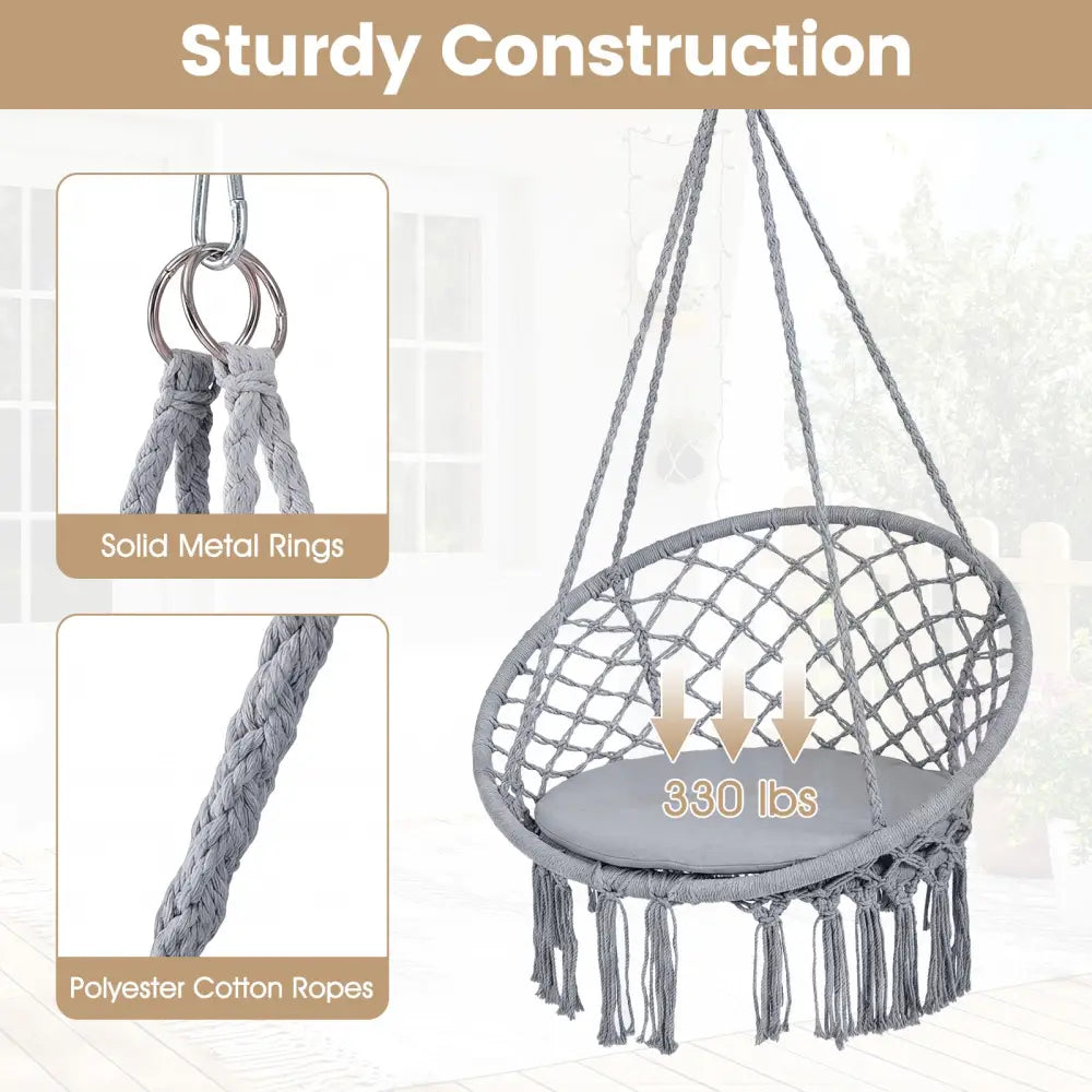 Macrame Swing Chair Hammock Chair with Round Seat Cushion-Grey - Gray - Hammocks