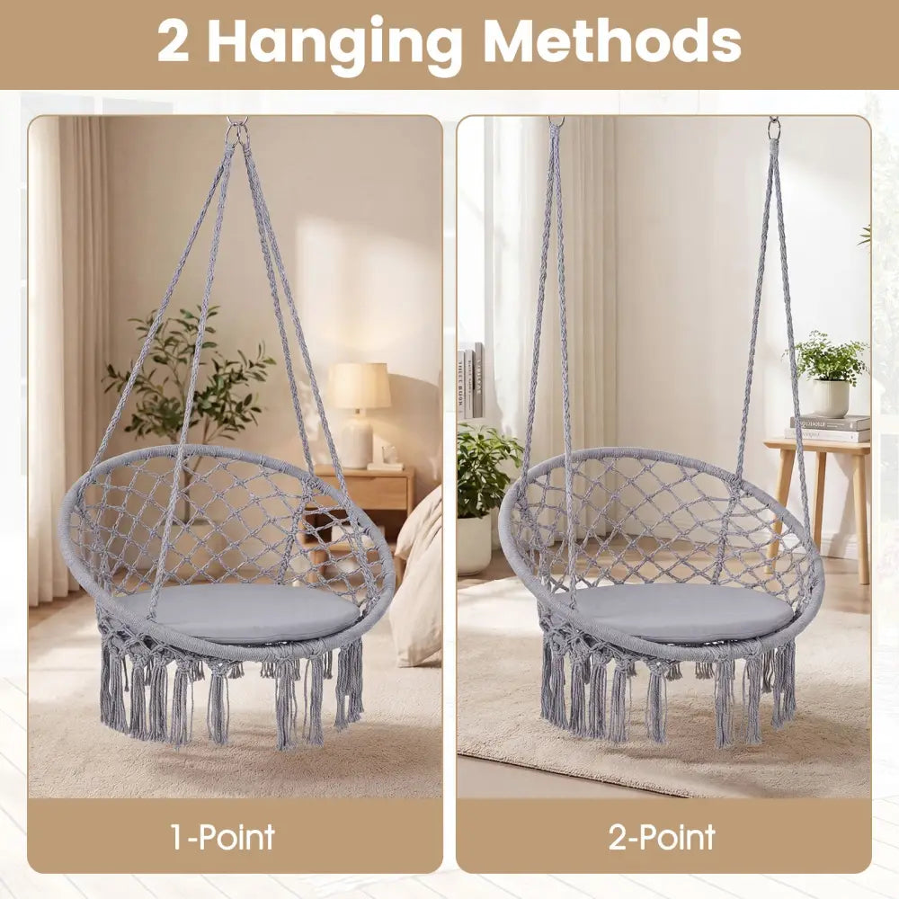 Macrame Swing Chair Hammock Chair with Round Seat Cushion-Grey - Gray - Hammocks