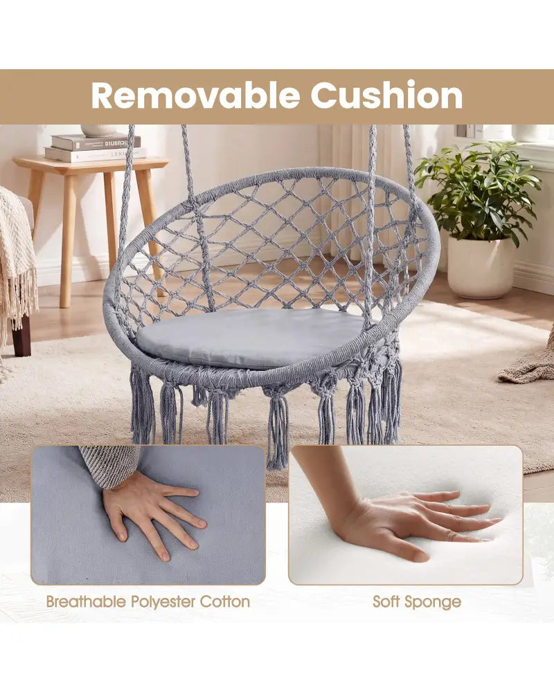 Macrame Swing Chair Hammock Chair with Round Seat Cushion-Grey - Gray - Hammocks