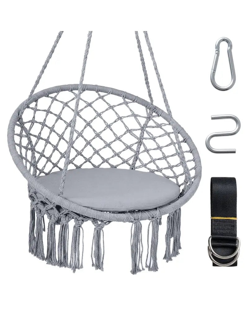 Macrame Swing Chair Hammock Chair with Round Seat Cushion-Grey - Gray - Hammocks