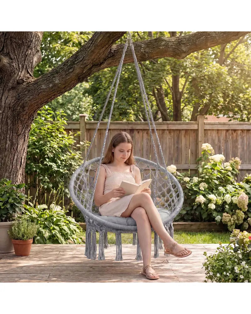Macrame Swing Chair Hammock Chair with Round Seat Cushion-Grey - Gray - Hammocks
