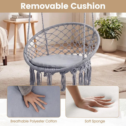 Macrame Swing Chair Hammock Chair with Round Seat Cushion-Grey - Gray - Hammocks