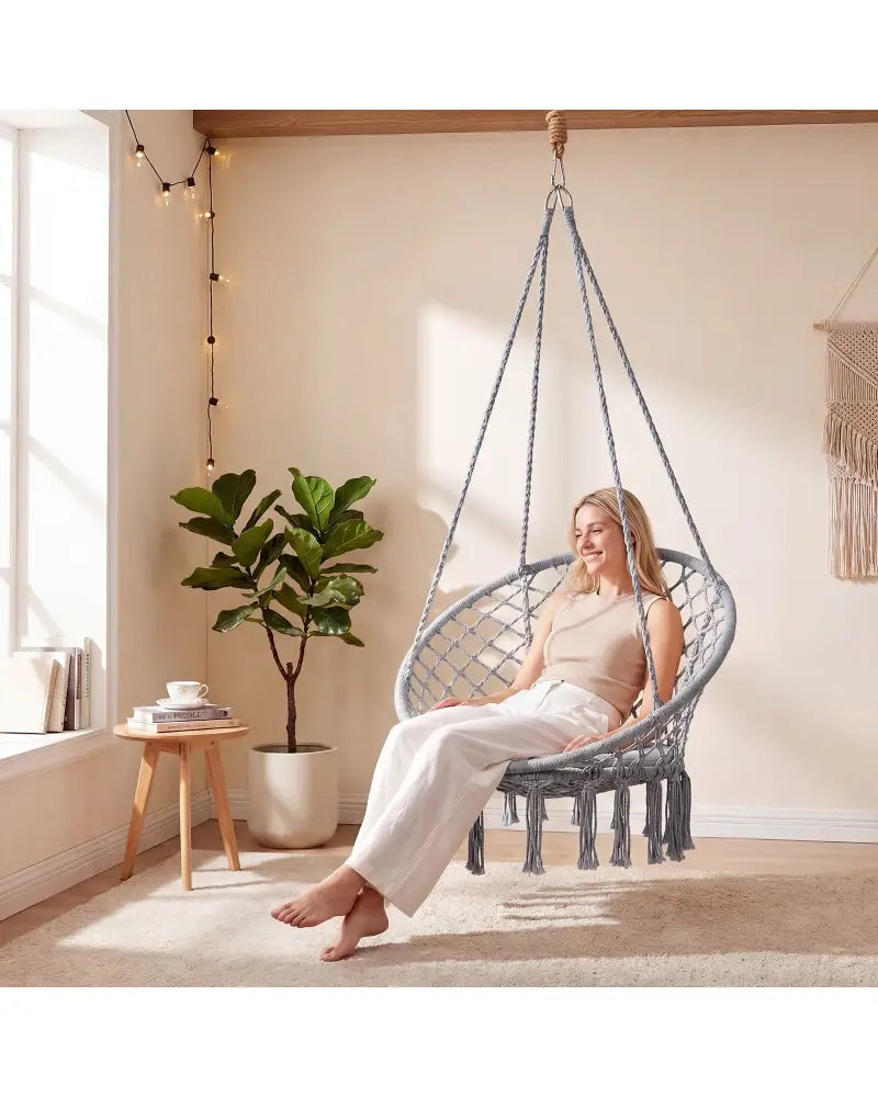 Macrame Swing Chair Hammock Chair with Round Seat Cushion-Grey - Gray - Hammocks