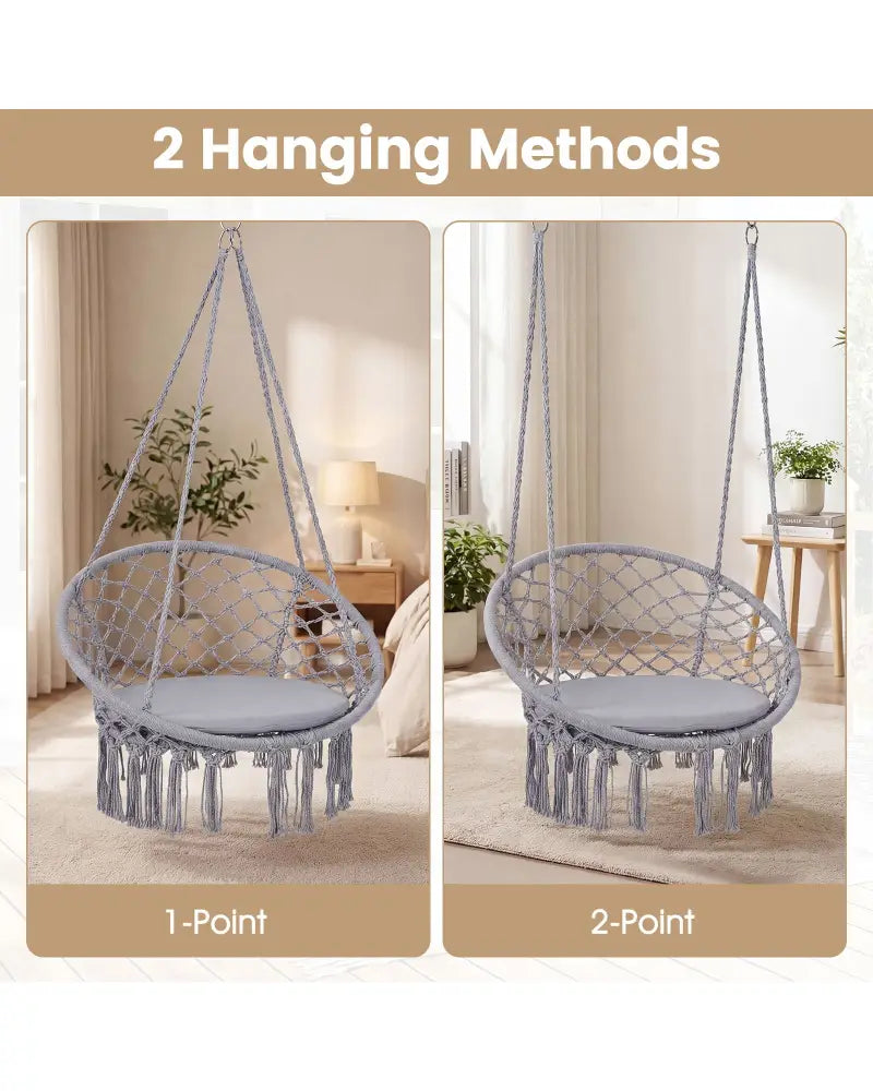 Macrame Swing Chair Hammock Chair with Round Seat Cushion-Grey - Gray - Hammocks