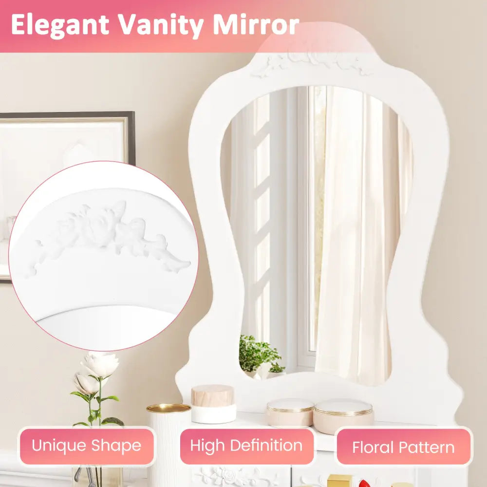 Makeup Dressing Table and Bench 3 Drawers and Cushioned Stool for Girls-White - White - Makeup Vanities