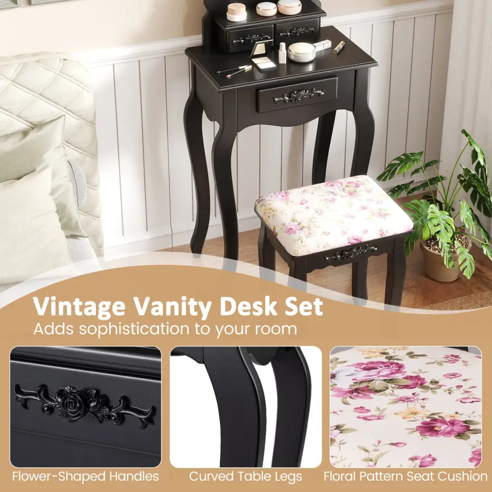 Makeup Dressing Table and Bench 3 Drawers and Cushioned Stool for Girls-Black - Black - Makeup Vanities