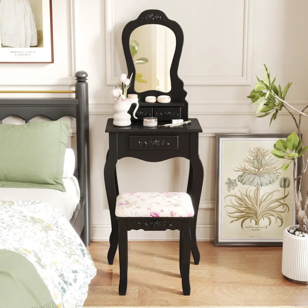 Makeup Dressing Table and Bench 3 Drawers and Cushioned Stool for Girls-Black - Black - Makeup Vanities