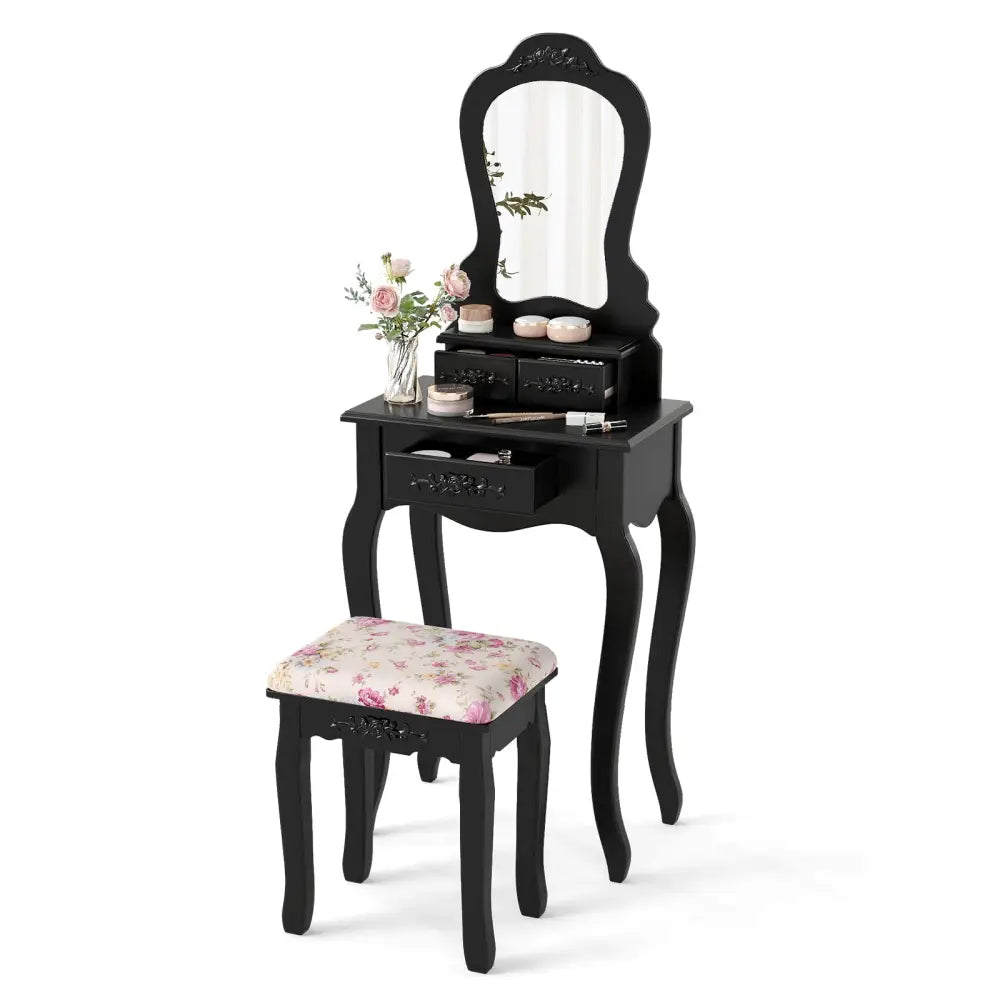 Makeup Dressing Table and Bench 3 Drawers and Cushioned Stool for Girls-Black - Black - Makeup Vanities