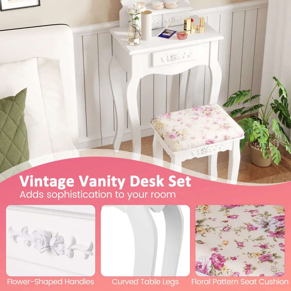 Makeup Dressing Table and Bench 3 Drawers and Cushioned Stool for Girls-White - White - Makeup Vanities