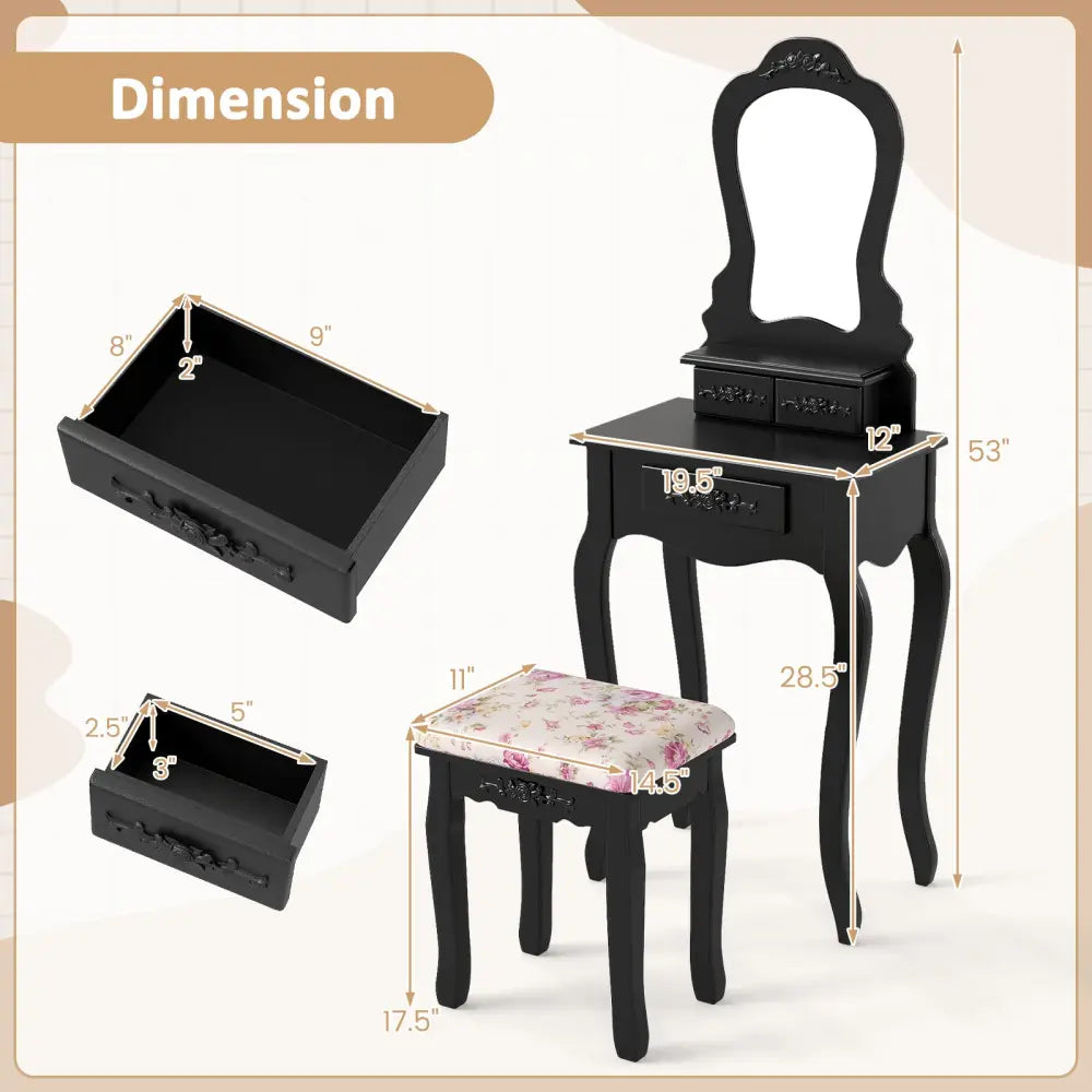 Makeup Dressing Table and Bench 3 Drawers and Cushioned Stool for Girls-Black - Black - Makeup Vanities