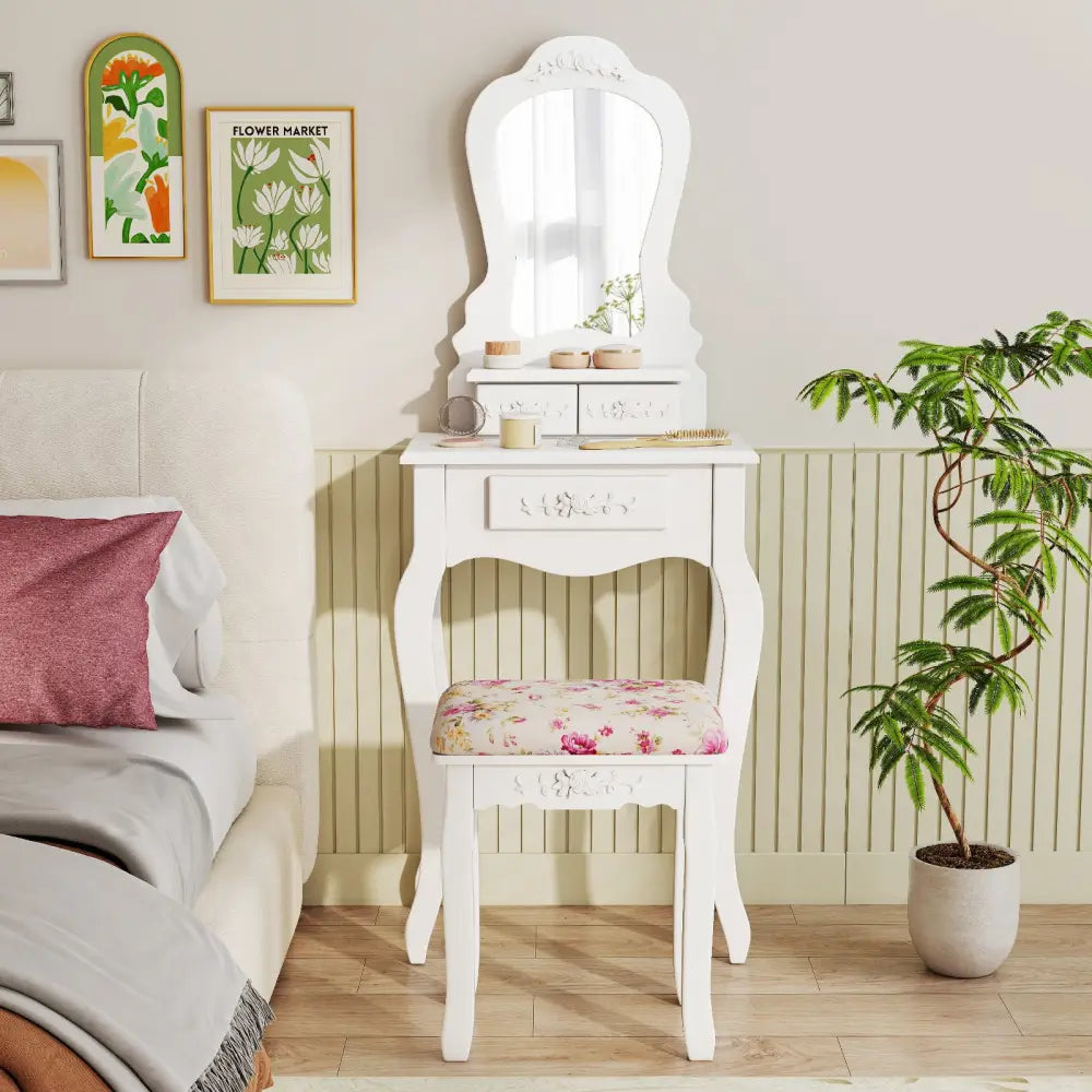 Makeup Dressing Table and Bench 3 Drawers and Cushioned Stool for Girls-White - White - Makeup Vanities