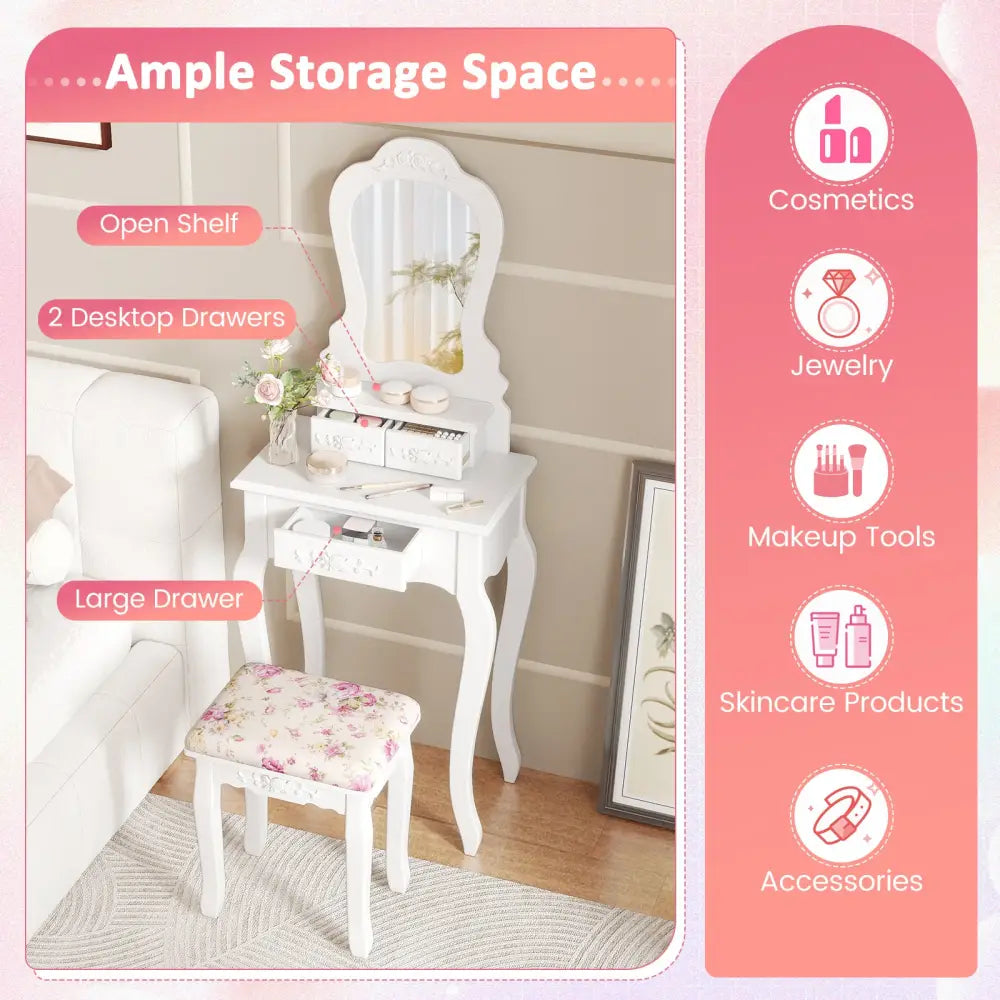 Makeup Dressing Table and Bench 3 Drawers and Cushioned Stool for Girls-White - White - Makeup Vanities