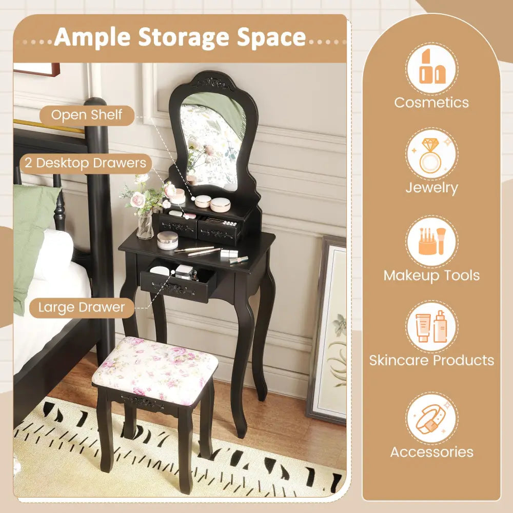 Makeup Dressing Table and Bench 3 Drawers and Cushioned Stool for Girls-Black - Black - Makeup Vanities