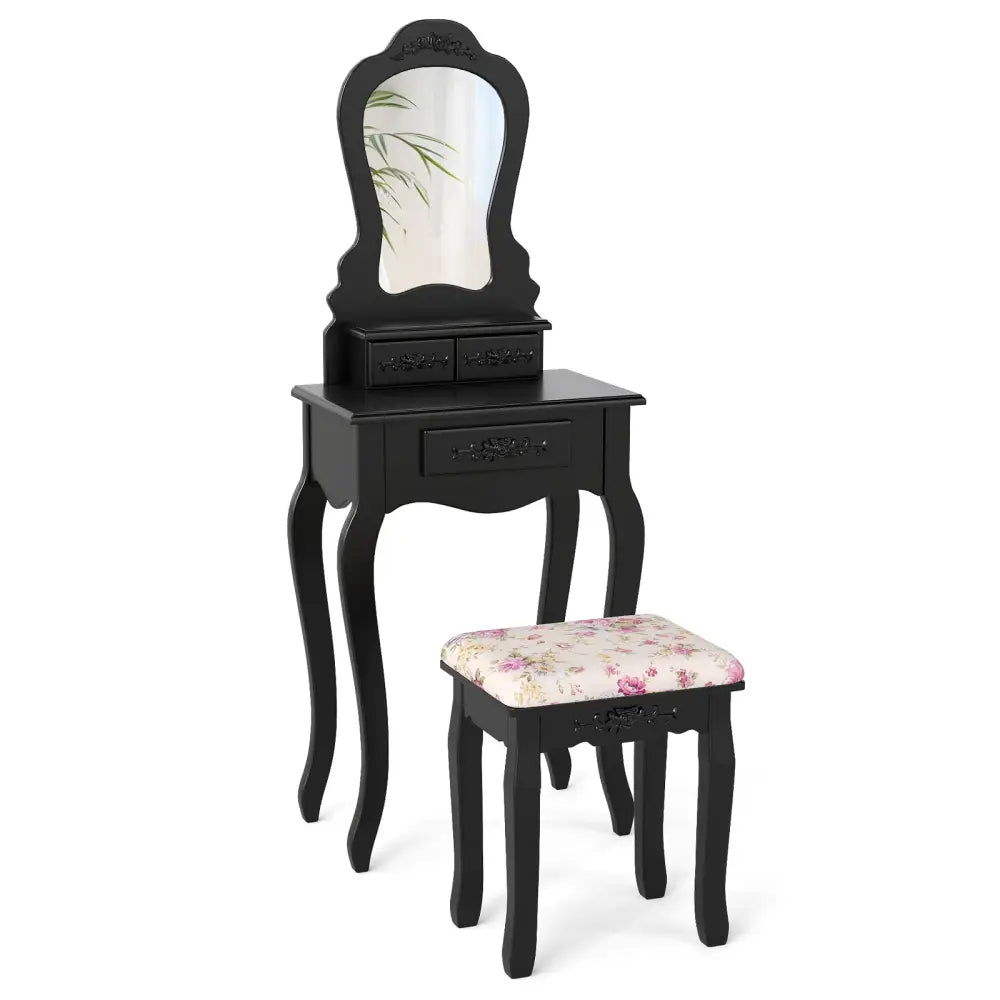 Makeup Dressing Table and Bench 3 Drawers and Cushioned Stool for Girls-Black - Black - Makeup Vanities