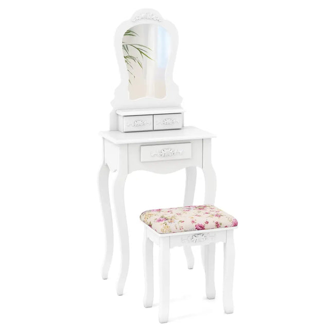 Makeup Dressing Table and Bench 3 Drawers and Cushioned Stool for Girls-White - White - Makeup Vanities