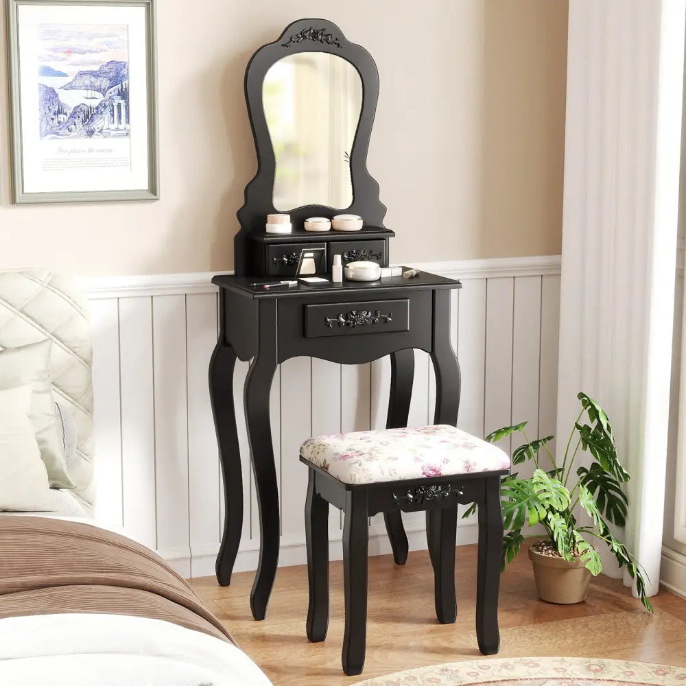 Makeup Dressing Table and Bench 3 Drawers and Cushioned Stool for Girls-Black - Black - Makeup Vanities