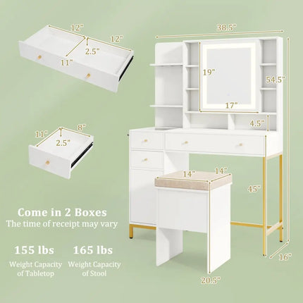 Makeup Dressing Table and Stool set with 3 Lighting Modes and Cabinet-White - White - Makeup Vanities