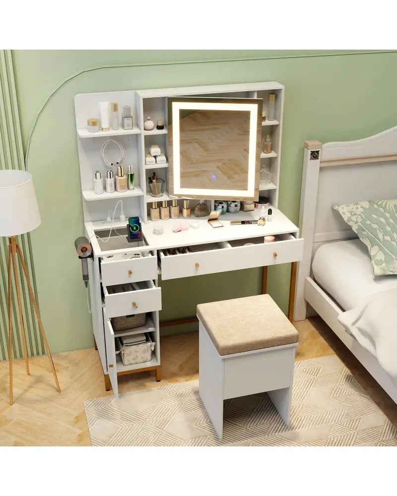 Makeup Dressing Table and Stool set with 3 Lighting Modes and Cabinet-White - White - Makeup Vanities