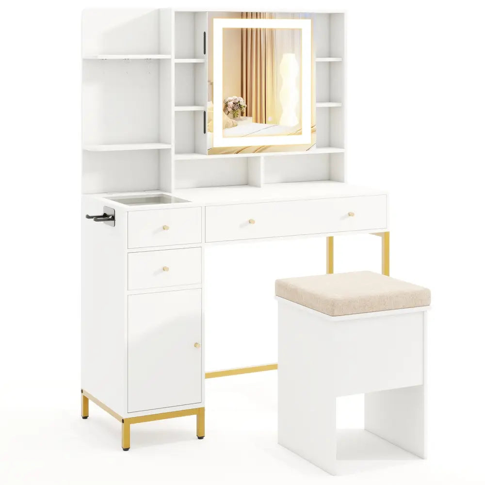 Makeup Dressing Table and Stool set with 3 Lighting Modes and Cabinet-White - White - Makeup Vanities