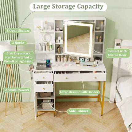 Makeup Dressing Table and Stool set with 3 Lighting Modes and Cabinet-White - White - Makeup Vanities