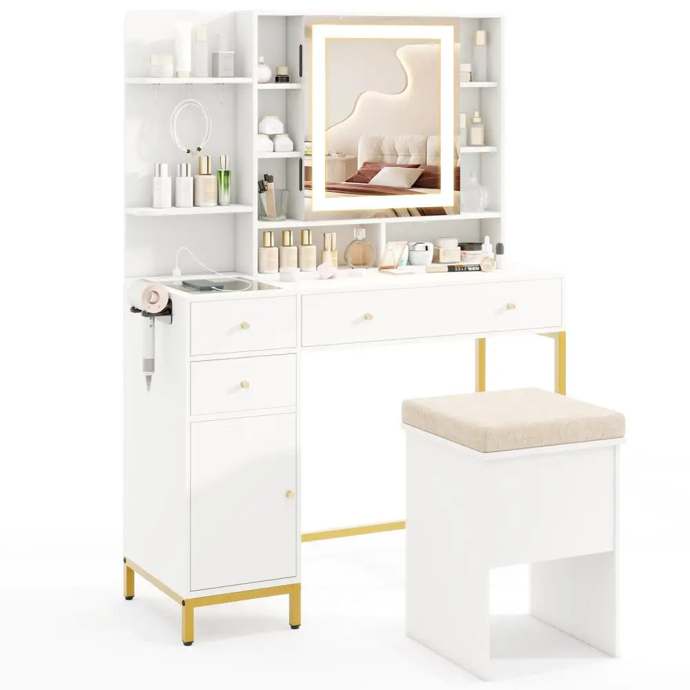 Makeup Dressing Table and Stool set with 3 Lighting Modes and Cabinet-White - White - Makeup Vanities