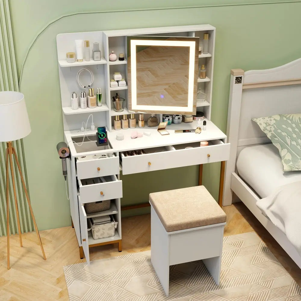 Makeup Dressing Table and Stool set with 3 Lighting Modes and Cabinet-White - White - Makeup Vanities
